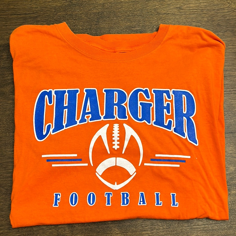 Orange Charger football t shirt, size large